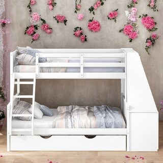 Modern Twin Over Full Bunk Bed With Trundle And Built-in Desk,Three Storage Drawers And Shelf for Bedroom