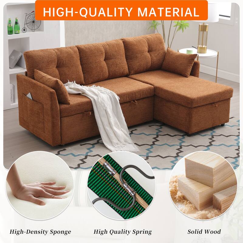Corduroy/Chenille Upholstered L-Shaped Storage Reversible Chaise Sectional Sofa with Side Pocket