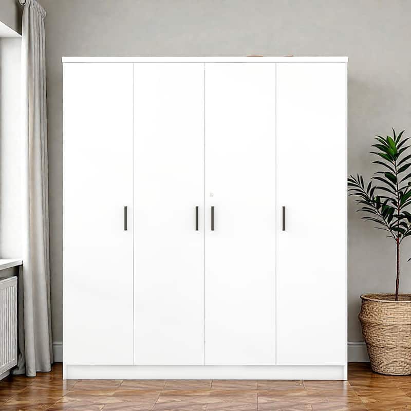 4 Door Wardrobe Closet with Drawer and Hanging Rail, Modern MDF Bedroom Armoire Storage Cabinet