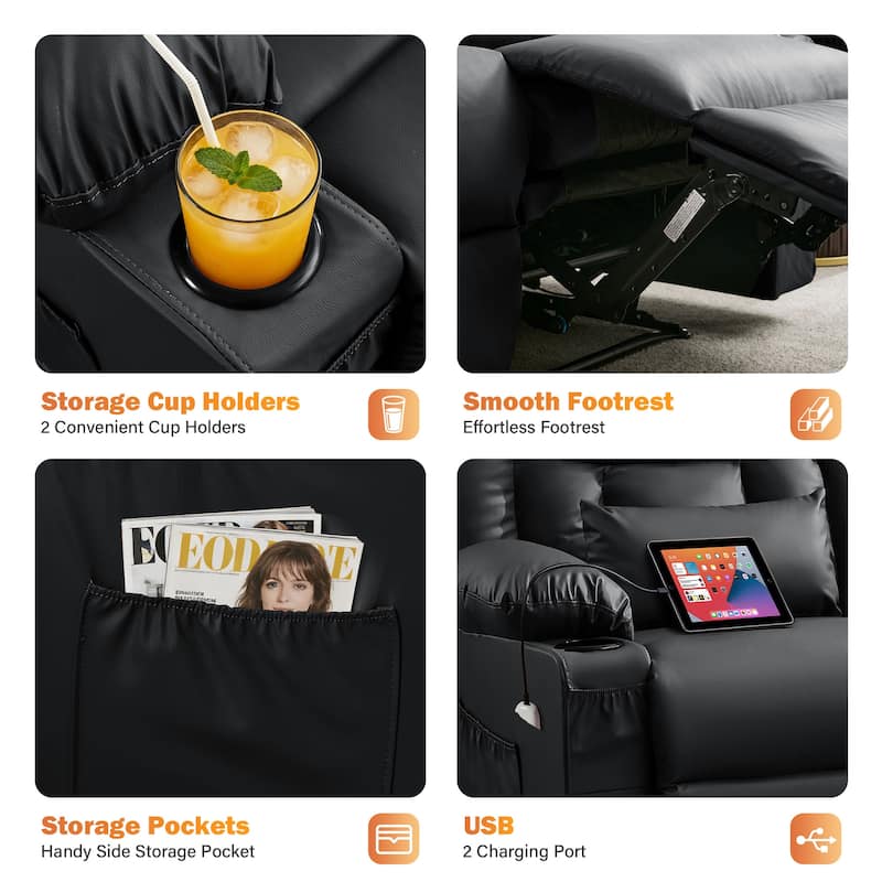 Manual Recliner Loveseat with Massage & Heating, Cup Holders & Side Pocket for Living Room