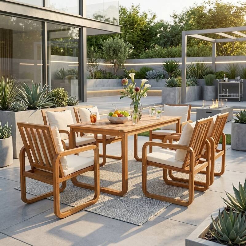 7-Piece Acacia Wood Outdoor Dining Set with Water-Resistant Cushions by Leisure Zone - Beige