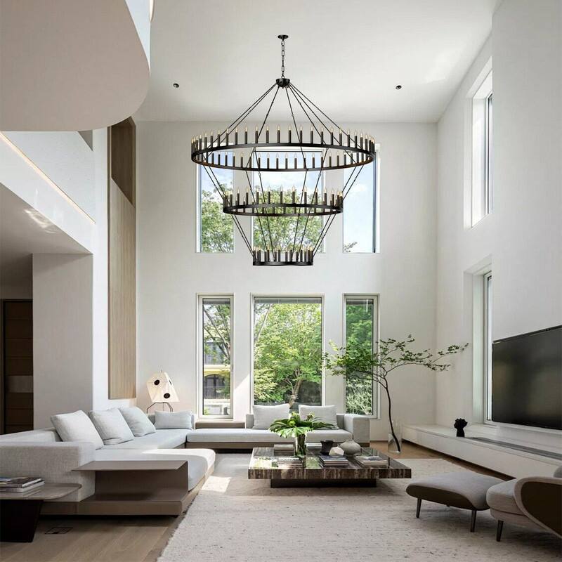 Extra Large Wagon Wheel Chandelier Adjustable Farmhouse Pendant Light for High Ceilings, Rustic Dining Room & Entryway