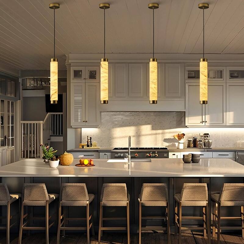 KAYLA Natural Alabaster Pendant Light - Brass Cylinder Marble Long Hanging Light - 19in