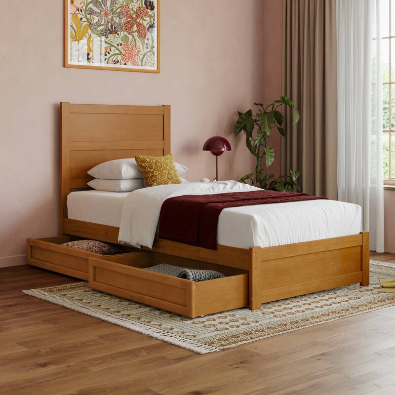 Aveline Wood Platform Bed with Matching Footboard & Storage Drawers - Twin XL - Light Toffee