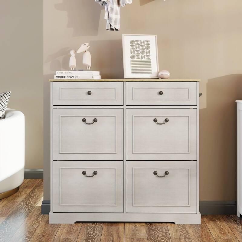 Shoe Storage Cabinet with 2 Drawers 4 Flip Drawers Adjustable Shelf Freestanding Slim Antique White Entryway - Antique White