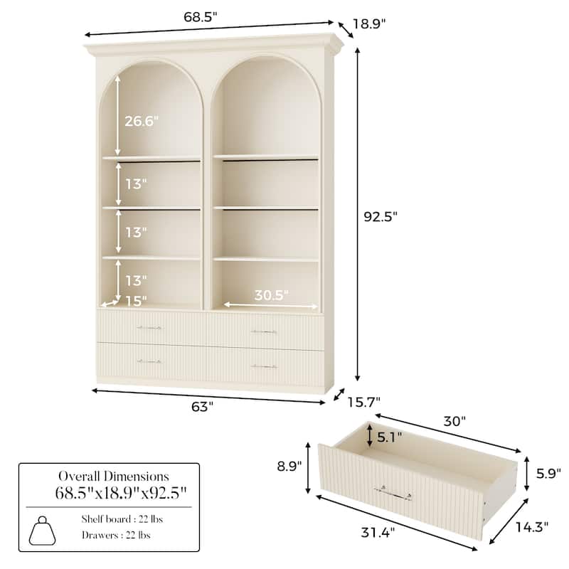 Modular Bookcase with LED Lights, Glass Door Storage Cabinet with Drawers, Large Display Shelving Unit Sideboard