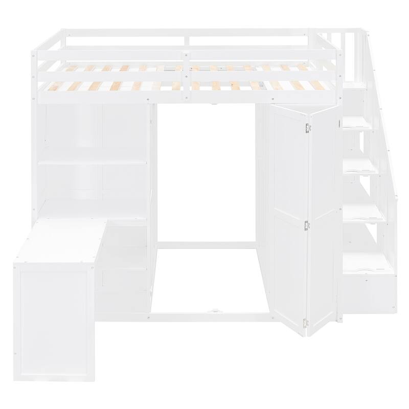 Full Size Loft Bed Desk Shelves and Hidden Wardrobe 3 in 1 Loft Bed, Heavy Duty Wood Loft Bed with Storage Stairs and Guardrail