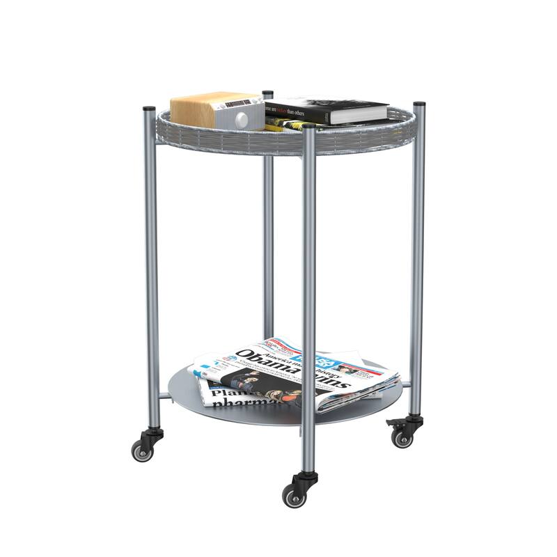 Round Coffee Table with Wheels 2-Tier Movable Silver Metal Bedside Nightstand Sofa Side Table