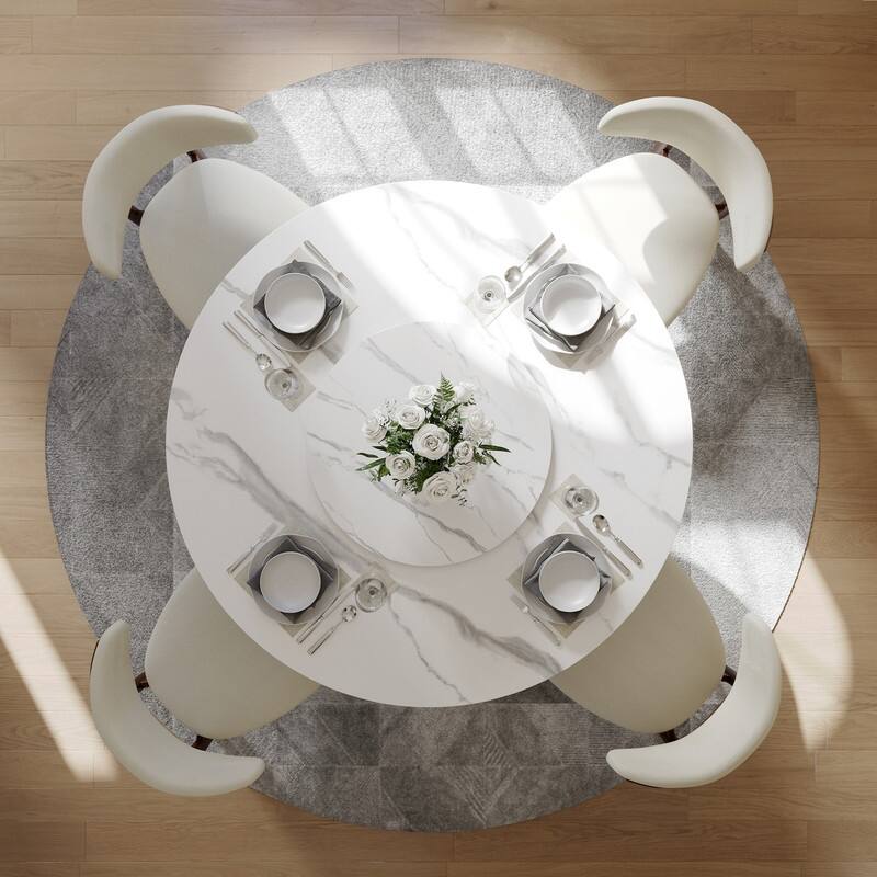 Modern Round Dining Table for Diningroom，White Glossy Stone Tabletop,Bronze Carbon Pedestal