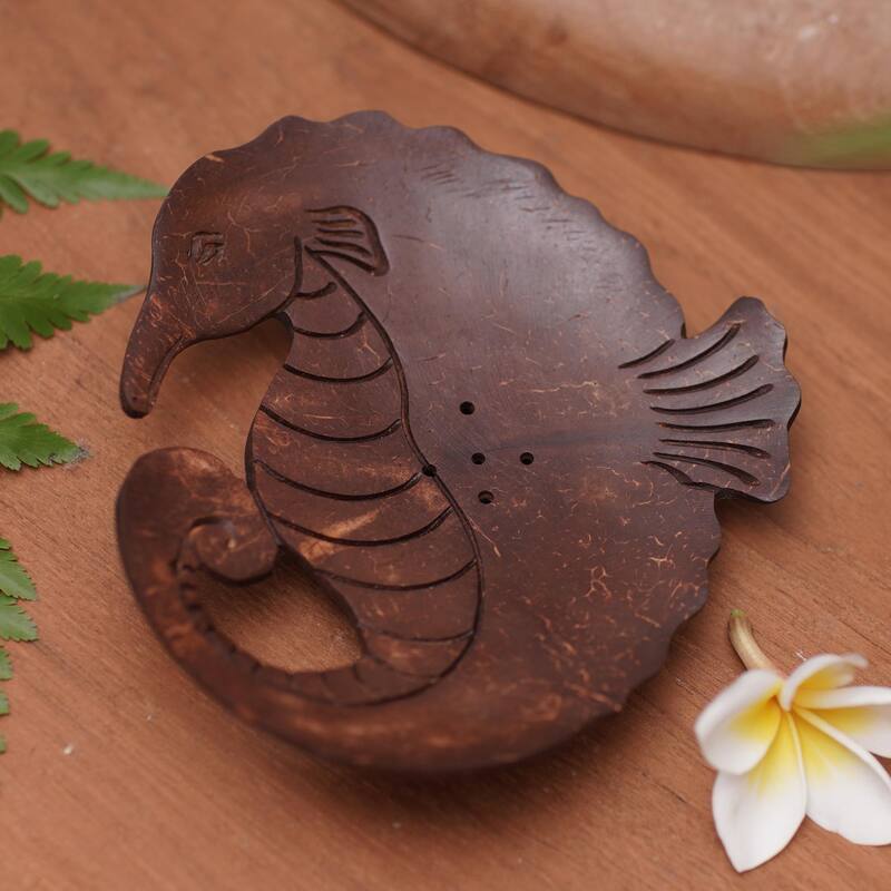 Novica Handmade Serene Seahorse Coconut Shell Soap Dish - Brown