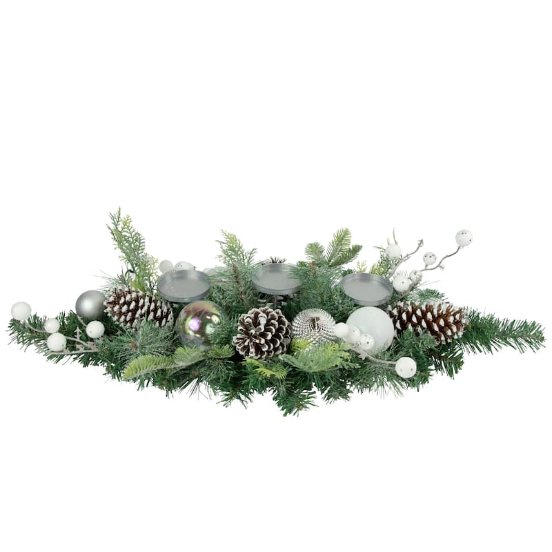 32" Green Pine Triple Candle Holder Berries Iridescent Ornaments