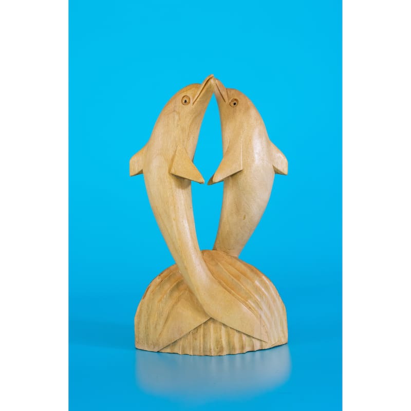 Wooden Hand Carved 2 Jumping Dolphin Statue Sculpture Wood Home Decor Accent Figurine Handcrafted Handmade Seaside Tropical