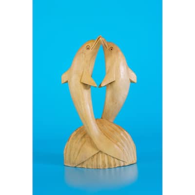 Wooden Hand Carved 2 Jumping Dolphin Statue Sculpture Wood Home Decor Accent Figurine Handcrafted Handmade Seaside Tropical