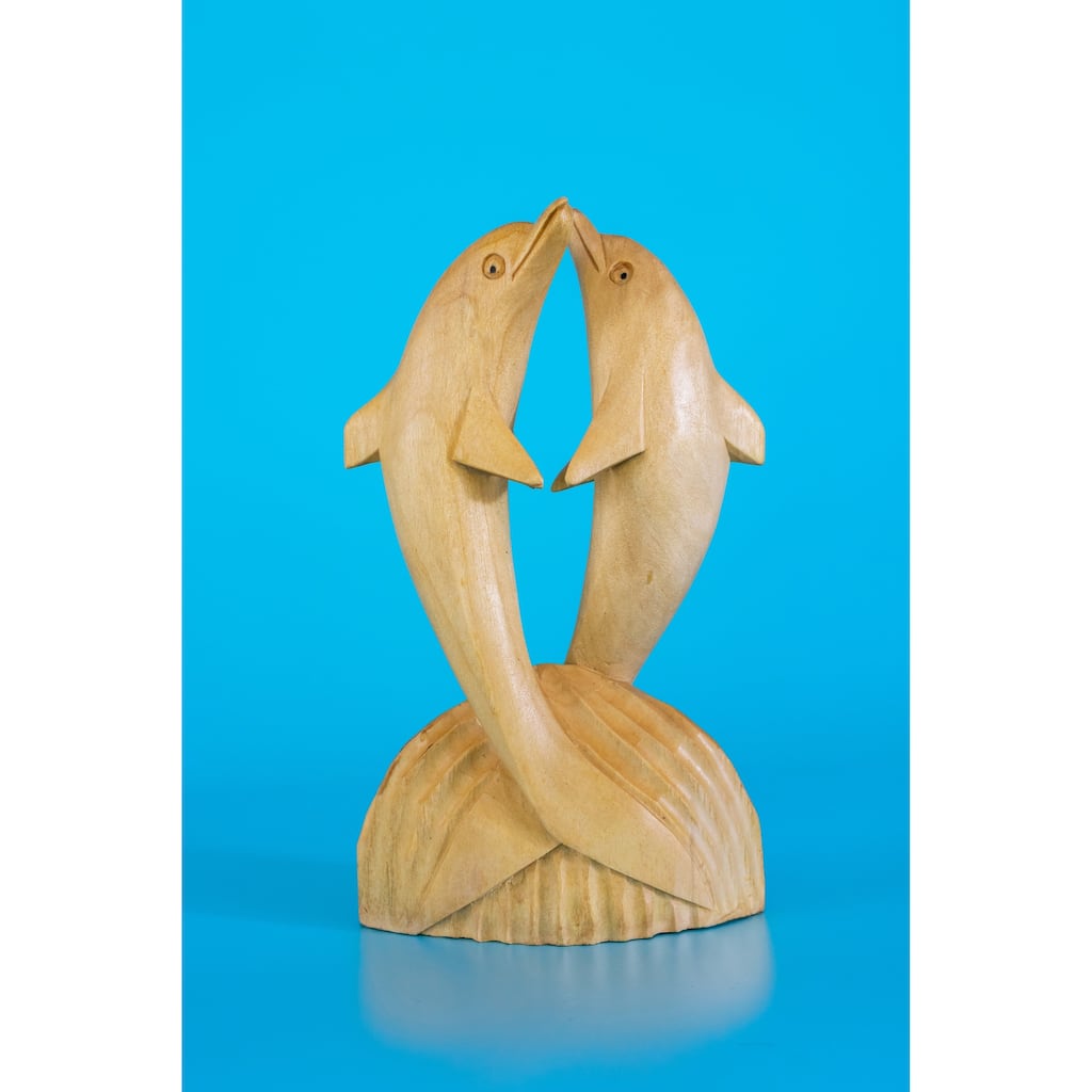 Wooden Hand Carved 2 Jumping Dolphin Statue Sculpture Wood Home Decor Accent Figurine Handcrafted Handmade Seaside Tropical