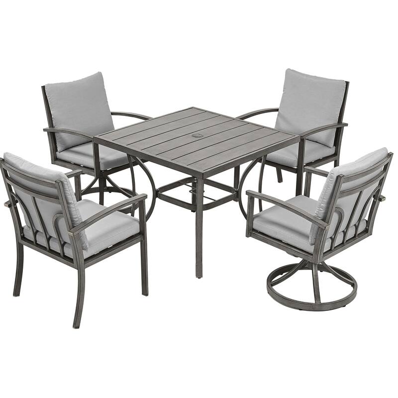 5-Piece Aluminum Patio Dining Set with 2 Swivel Dining Chairs and 2 Dining Chairs and Washable Cushions