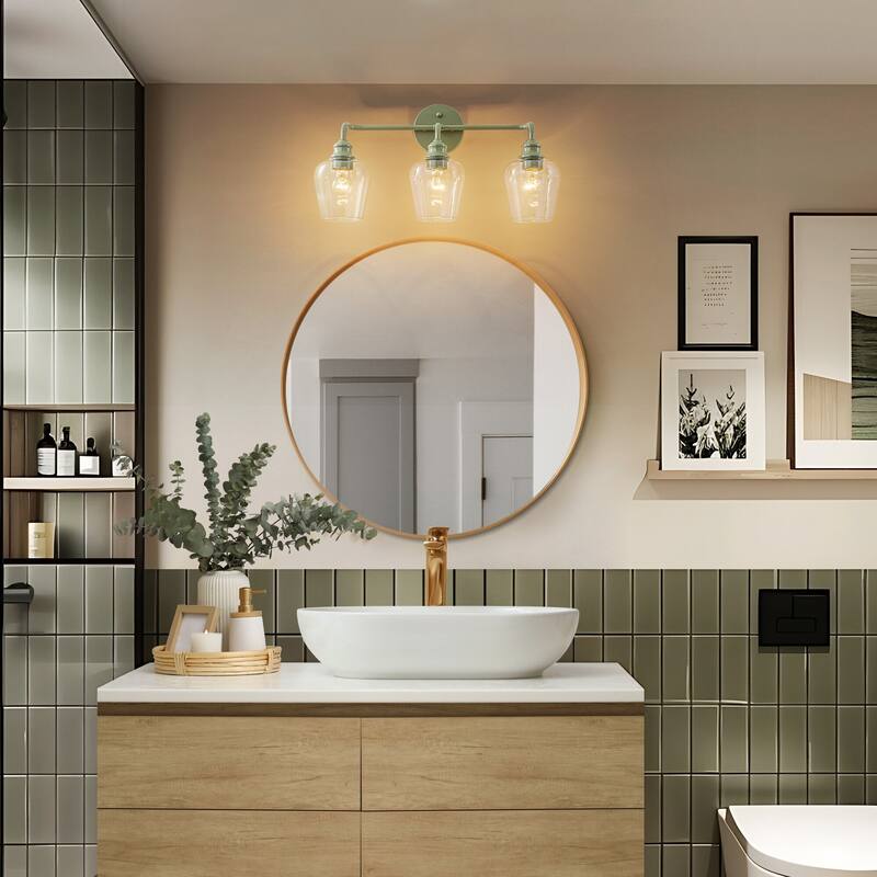 3-Light Modern Mint Green Bathroom Vanity Light with Clear Glass Shades - Retro Wall Sconce for Bathroom Mirror - 3 Light