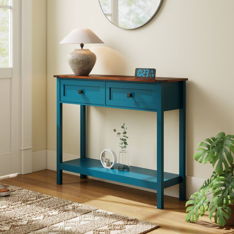 Farmhouse Style Console Table with 2 Drawers & Shelf - Rustic Entryway Table in Pagoda Blue