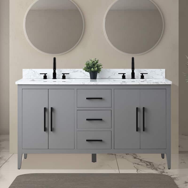 Vanity Art 60" Double Sink Bathroom Vanity Cabinet with Engineered Marble Top - 60"/Matte Black Handle - Cashmere Gray