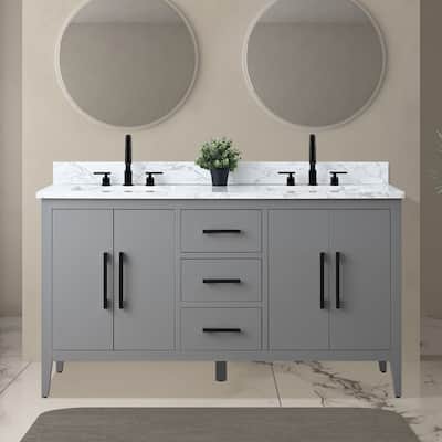 Vanity Art 60" Double Sink Bathroom Vanity Cabinet with Engineered Marble Top
