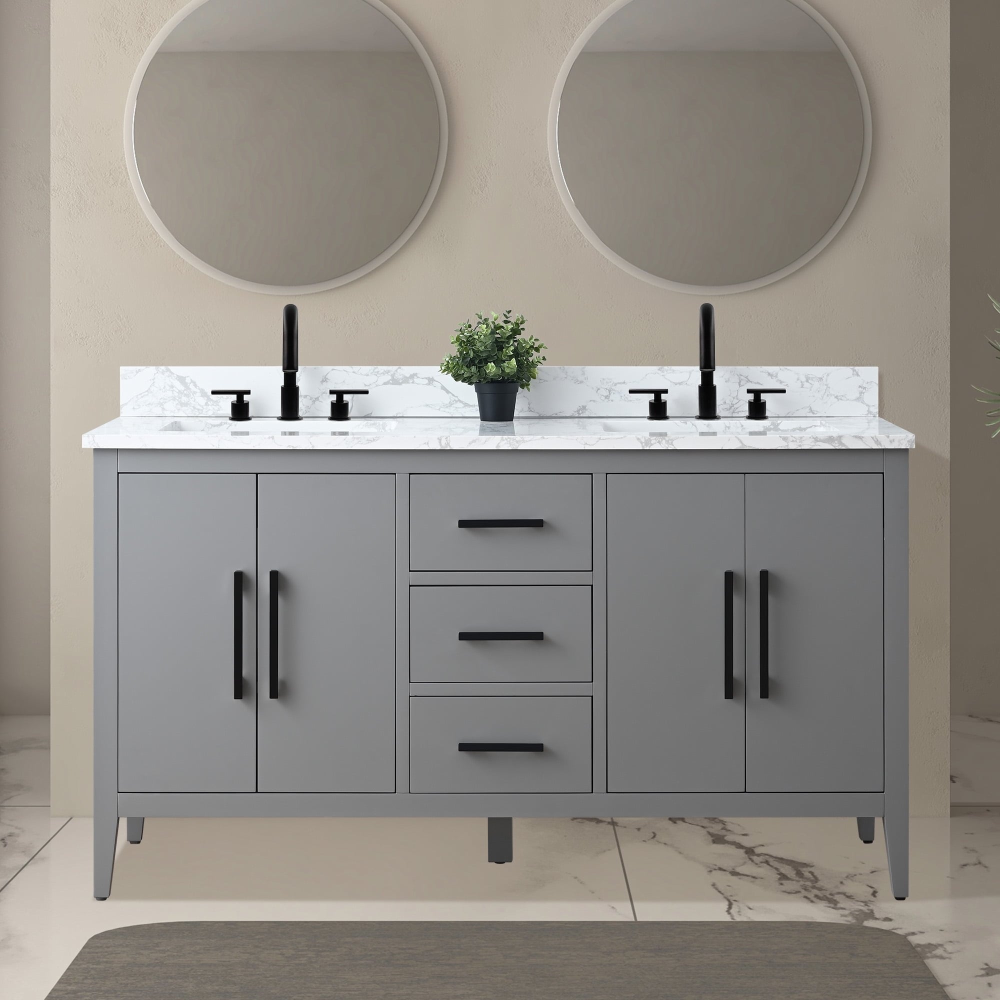 Vanity Art 60" Double Sink Bathroom Vanity Cabinet with Engineered Marble Top