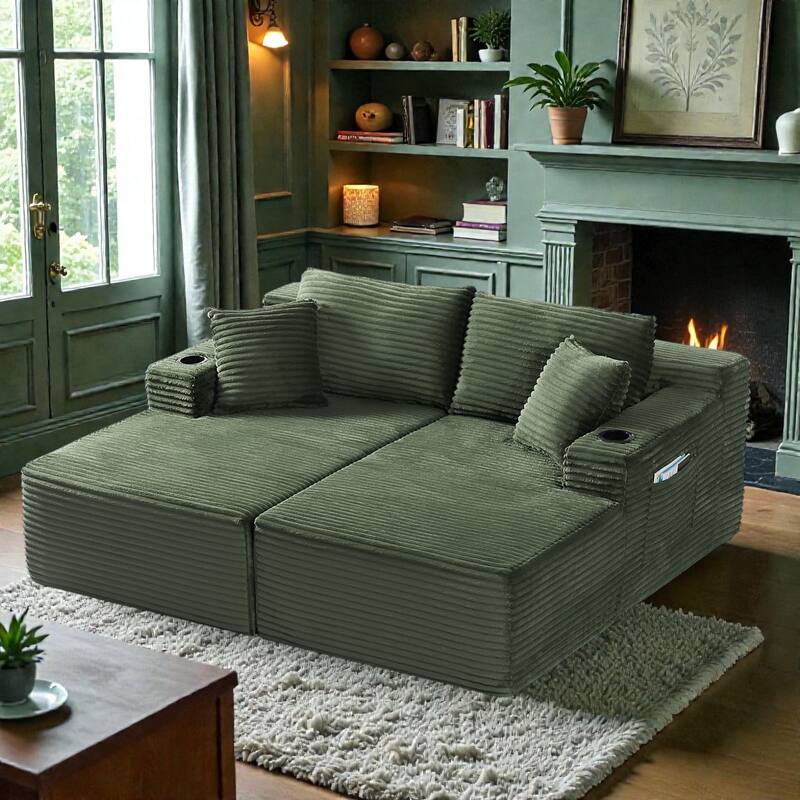 Compressible U-Shaped Modular Sectional Sofa, Corduroy Cloud Couch, 6-Seat Minimalist Living Room Sofa