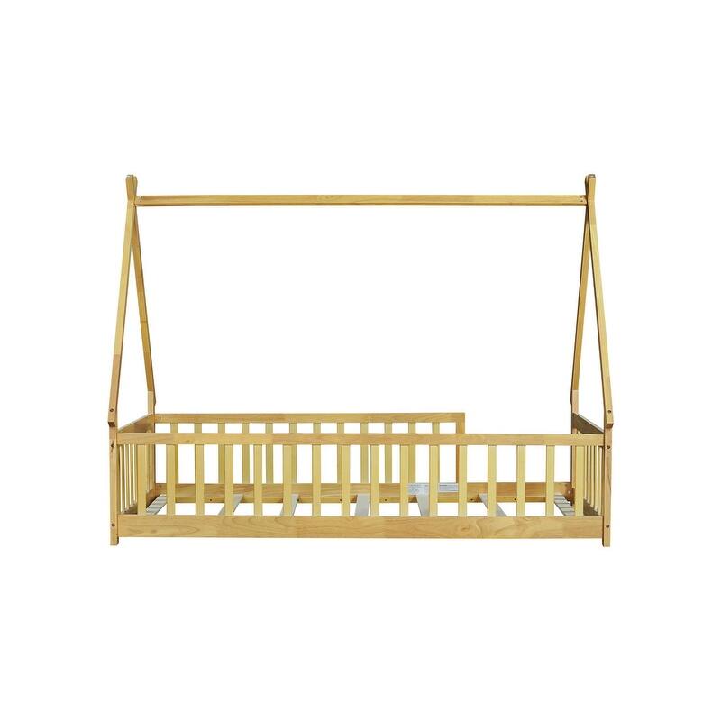 Twin Size Tent-shaped Floor Bed with Guardrails and Slats