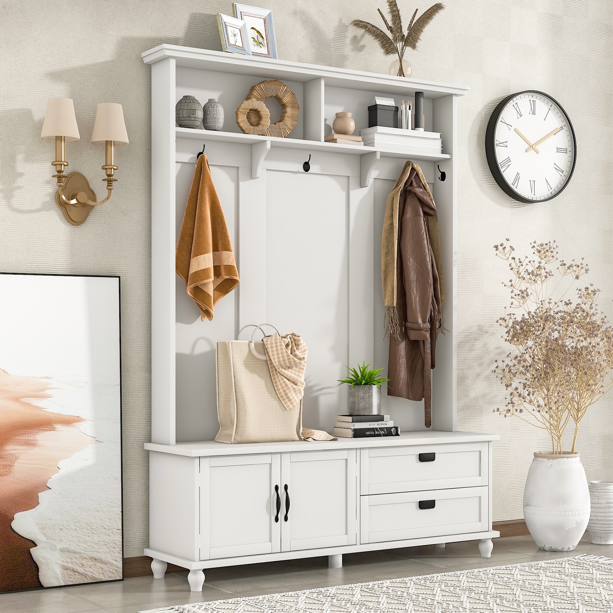 White Modern Style Hall Tree with Storage Cabinet 2 Large Drawers Mudroom Bench 5 Coat Hooks