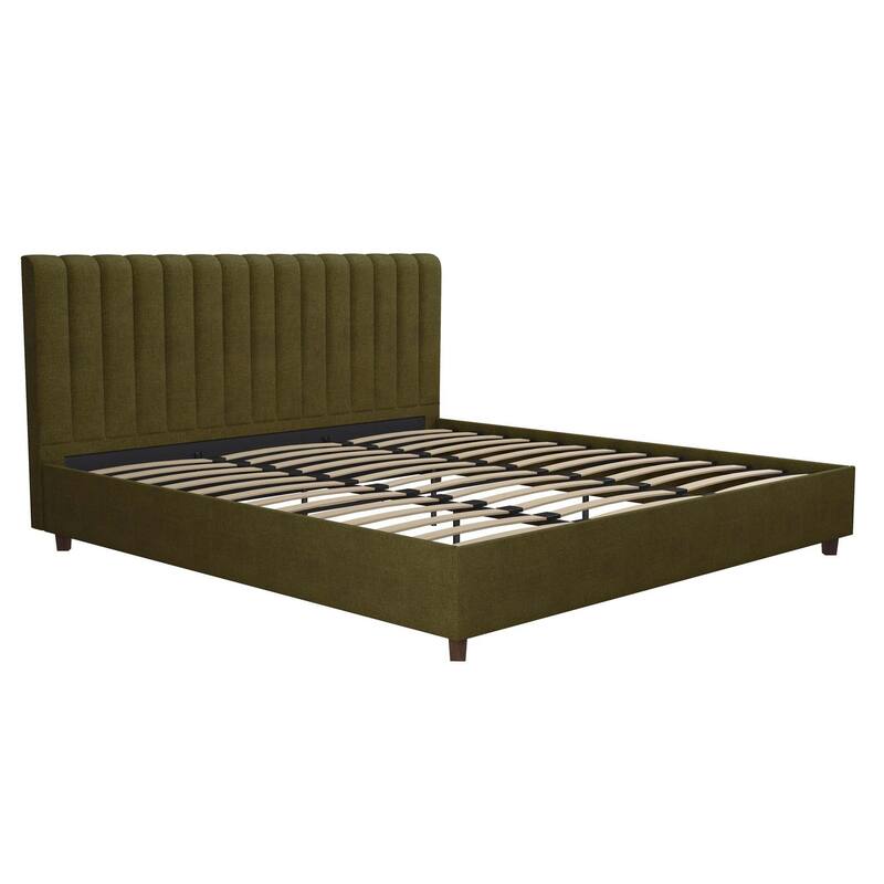 Roomfitters Brittany King Size Upholstered Bed Frame with Ribbed Tufted Headboard, Linen Fabric, Green