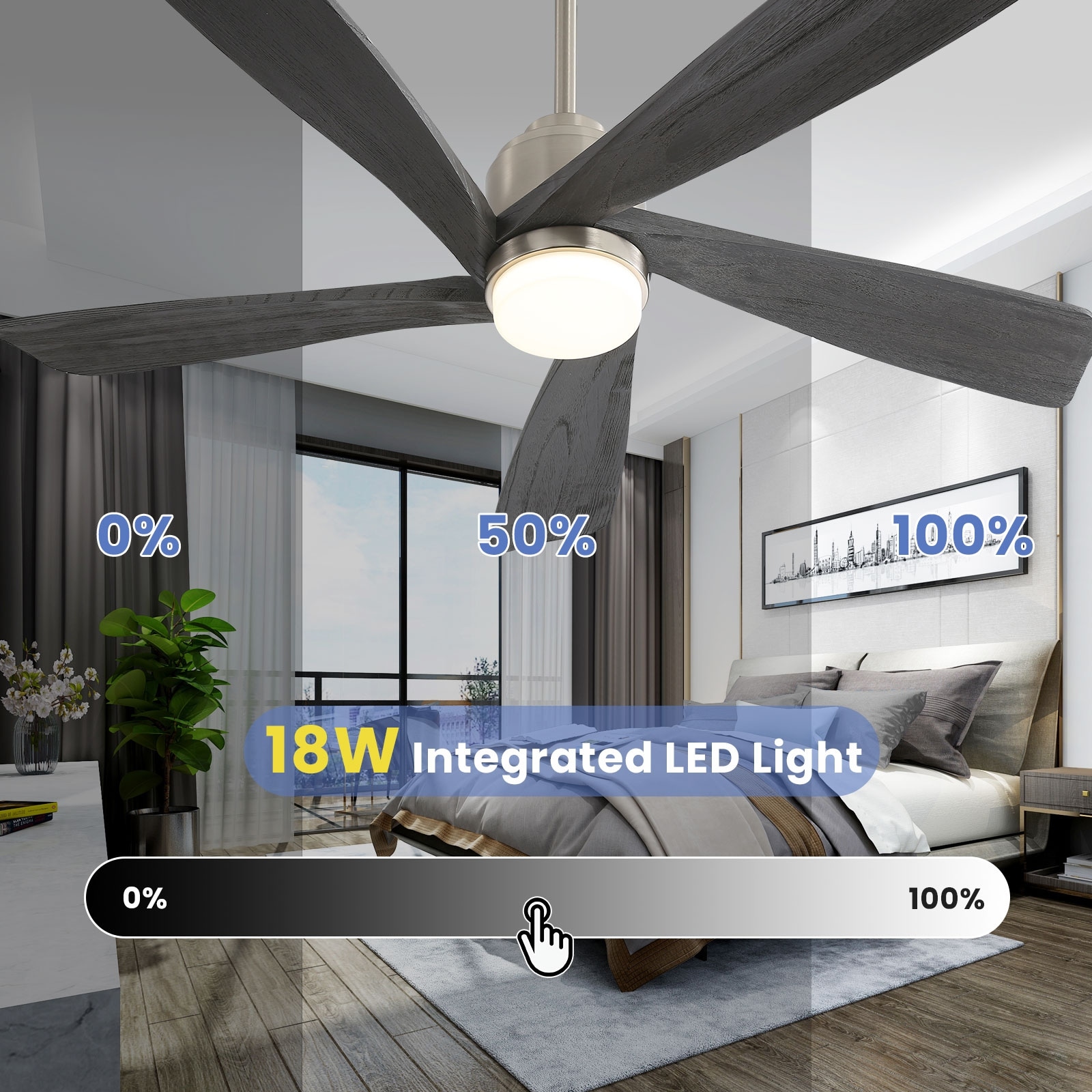 Indoor Modern 52 Inch Ceiling Fan With Dimmable 6 Speed Wind 5 Blades Remote Control Reversible DC Motor With LED Light - Matte Black