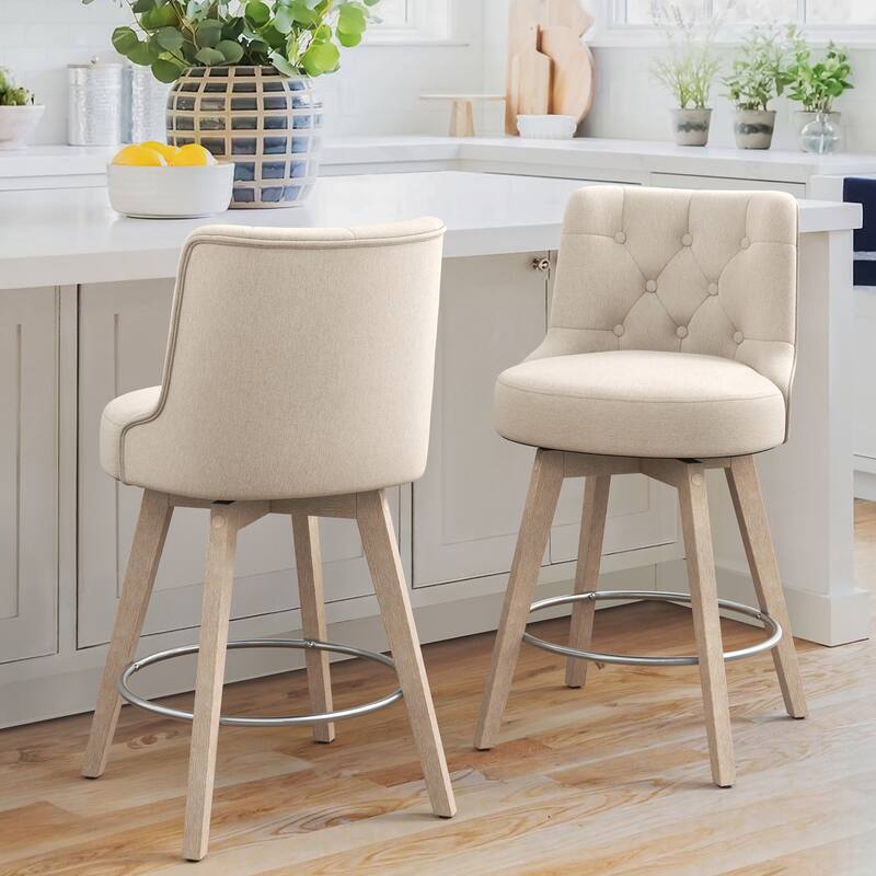 26" Counter Height Swivel Bar Stools with Solid Wood Frame Set of 2 - 26" H - Linen