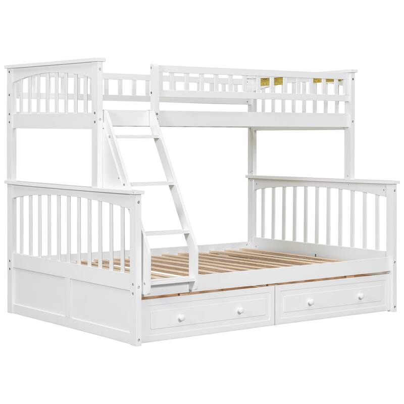Wooden Storage Bunk Bed Frame with Fence-shaped Guardrails and Pull-out Drawers, Convertible 2 Platform Beds, Detachable Design