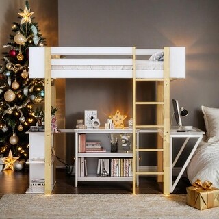 Twin Size Wood Loft Bed With Cabinet and Cubes, Foldable desk, White