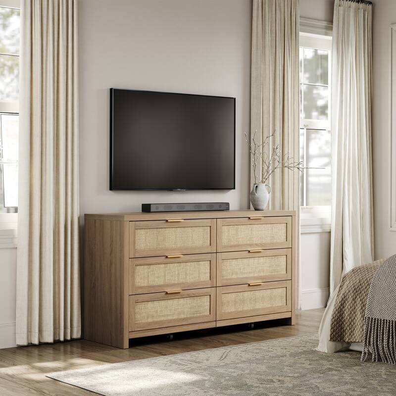 Elegant Right Angled Dresser with 6 Rattan Woven Drawers