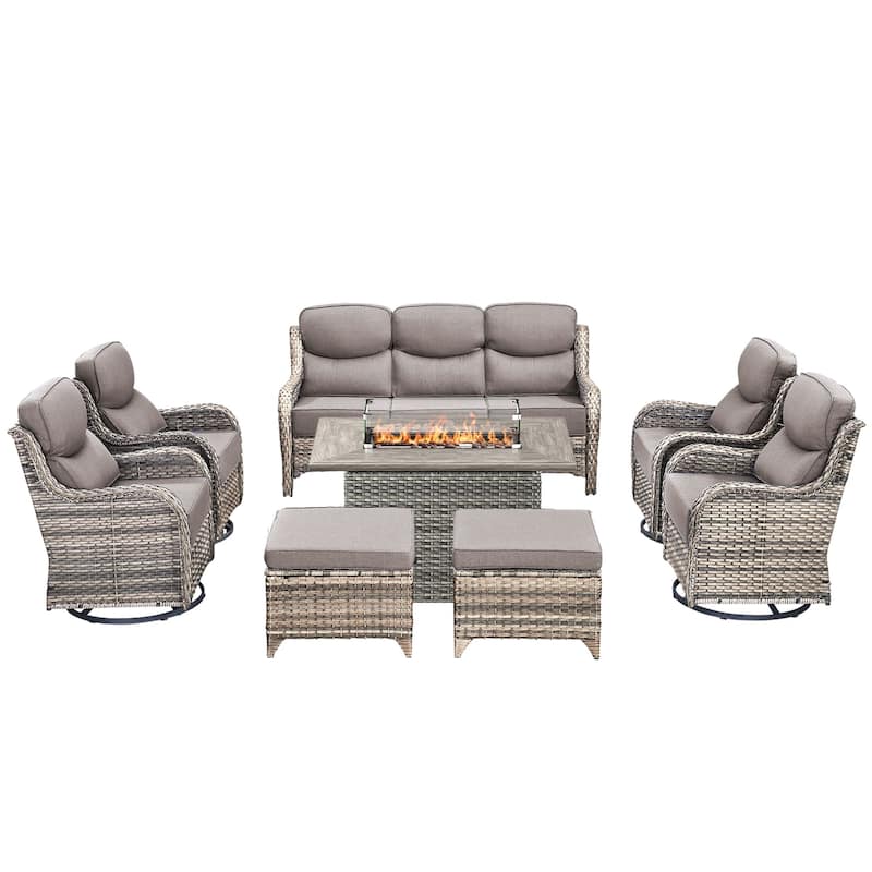 Pocassy 8 Pieces Outdoor 6 Inch Sofa Swivel Chair Ottoman with Fire Table