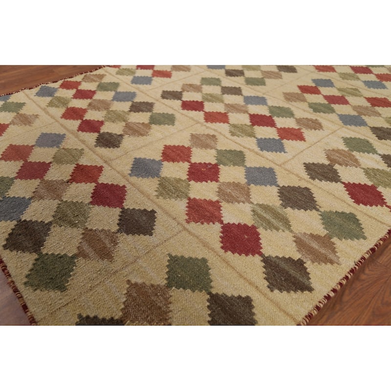 Geometric Kilim Oriental Area Rug Hand-Woven Beige Wool Carpet - 3'9"x 6'0"