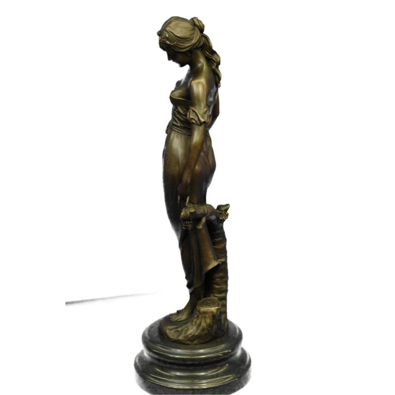 Signed Moreau Young Woman With A Long Stem Of Flower 100 Percent Solid Bronze Marble