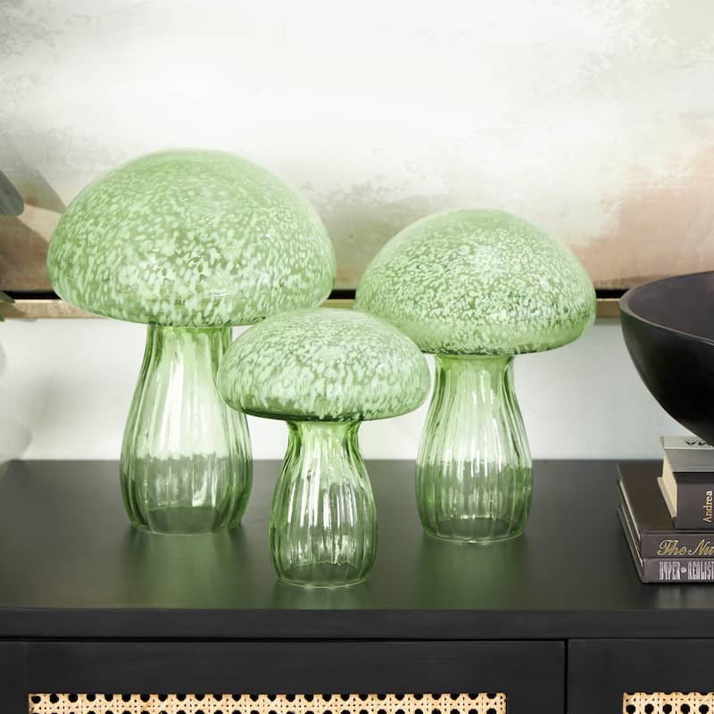Green Glass Textured Mushroom Decorative Sculpture (Set of 3) - Green