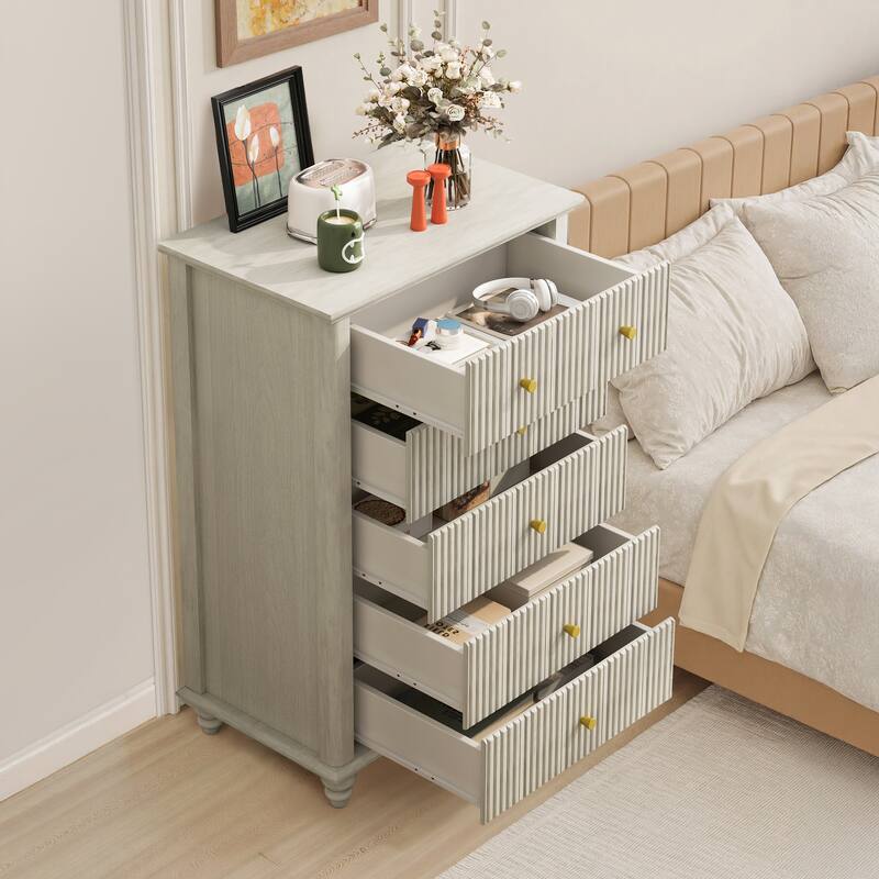 Fluted 5-Drawer Dresser in Beige, Versatile Wooden Storage Solution