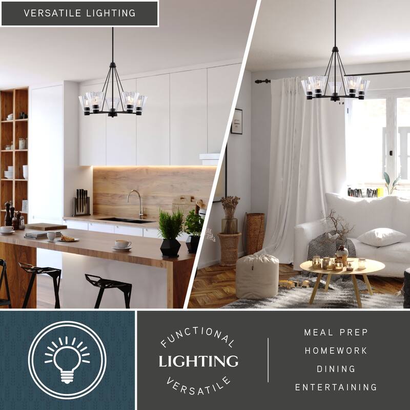 Dalton 5-Light Black Round Chandelier, Clear Glass Shade, Pendant Fixture r Dining Table Kitchen Entryway Bedroom Island