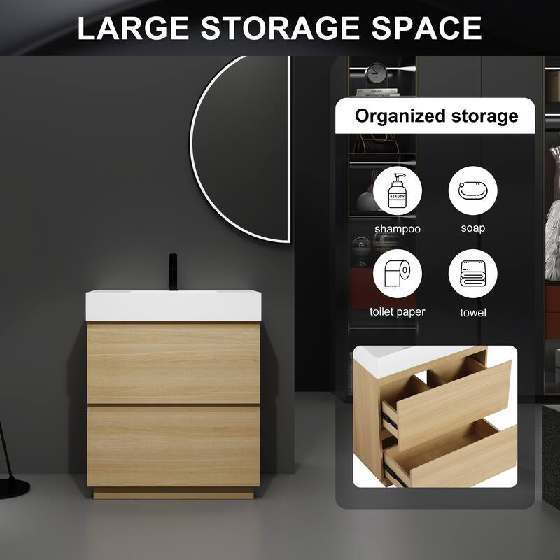 GDFStudio - Lecce Modern Freestanding Bathroom Vanity Set with Resin Sink, 2 Soft Close Drawers & Antirust Hardware