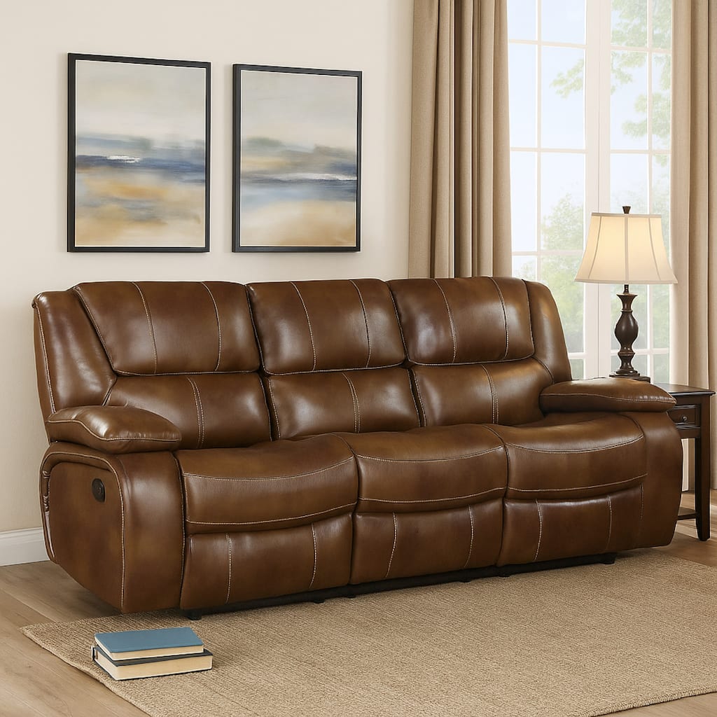 Licot Manual Double Recliner Sofa, Glossy Brown Leather, 87 Inch