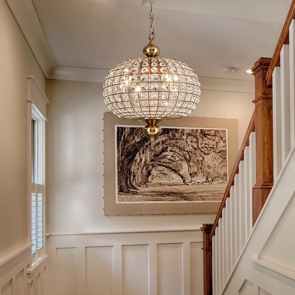 Retro French 4/5-Light Antique Brass Globe Crystal Chandelier for Living/Dining Room