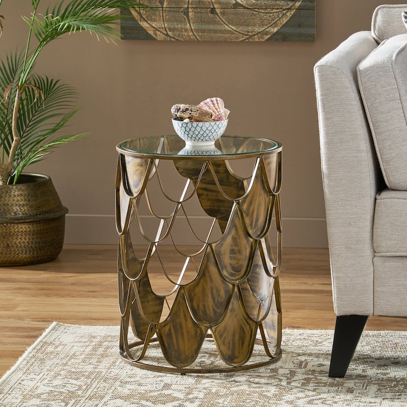 16" Boho Glam Designed Round Side Table with Tempered Glass Top and Iron Frame - Brown
