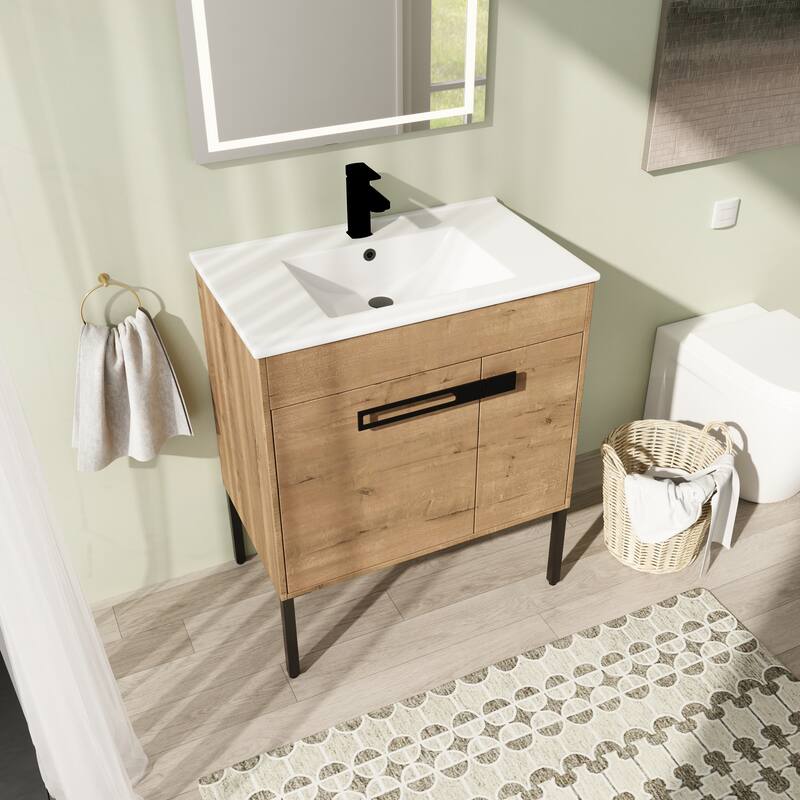 30" FreeStanding Bathroom Vanity with Sink, Floor Stand Bathroom Vanity with Soft Close Door and Adjustable shelf - Brown