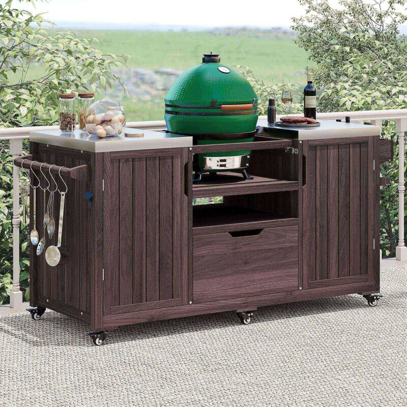 Modular Outdoor BBQ Grill Cart with Stainless Steel Worktop, Storage Cabinet, Paper Towel Rack & Spice Rack