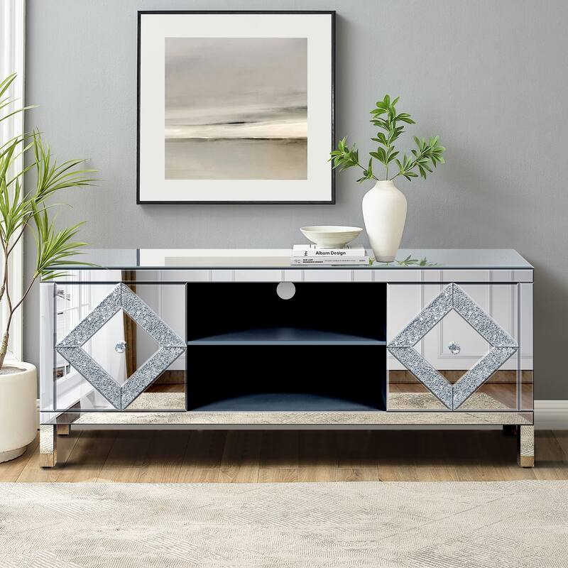 Mirrored TV Stand for 65+ inch TV,Sliver TV Console Table with Open Storage & 2 Storage Cabinets for Living Room