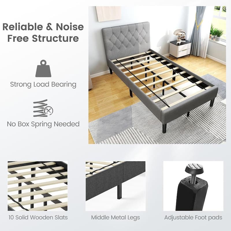 Twin Bed Frames for Kids Upholstered Platform Bed w/ Tufted Headboard