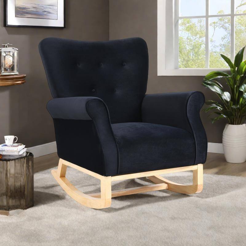 Velvet Nursery Rocking Chair with High Back and 250lb Capacity - Black