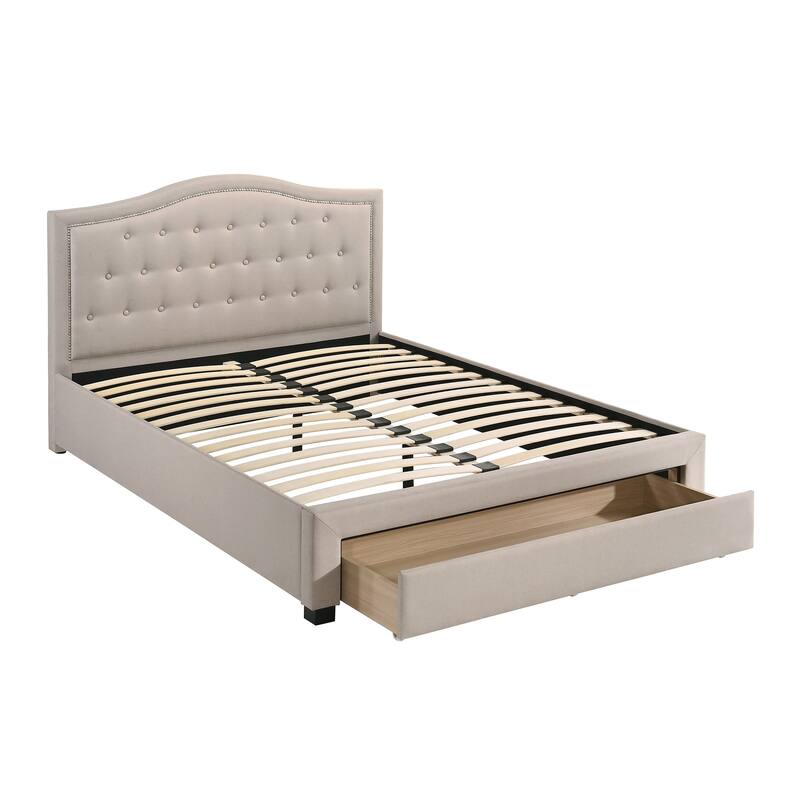 Transitional Style 1pc Bed Set Upholstered Bed Underbed Drawer Light Brown Finish