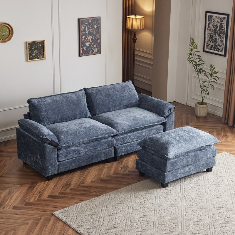 Full KD Double Cushion Chenille Sofa with Ottoman
